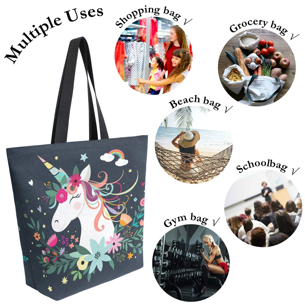 Naanle Floral Unicorn Canvas Tote Bag Large Women Casual Shoulder Bag Handbag, Fantasy Unicorn Reusable Multipurpose Heavy Duty